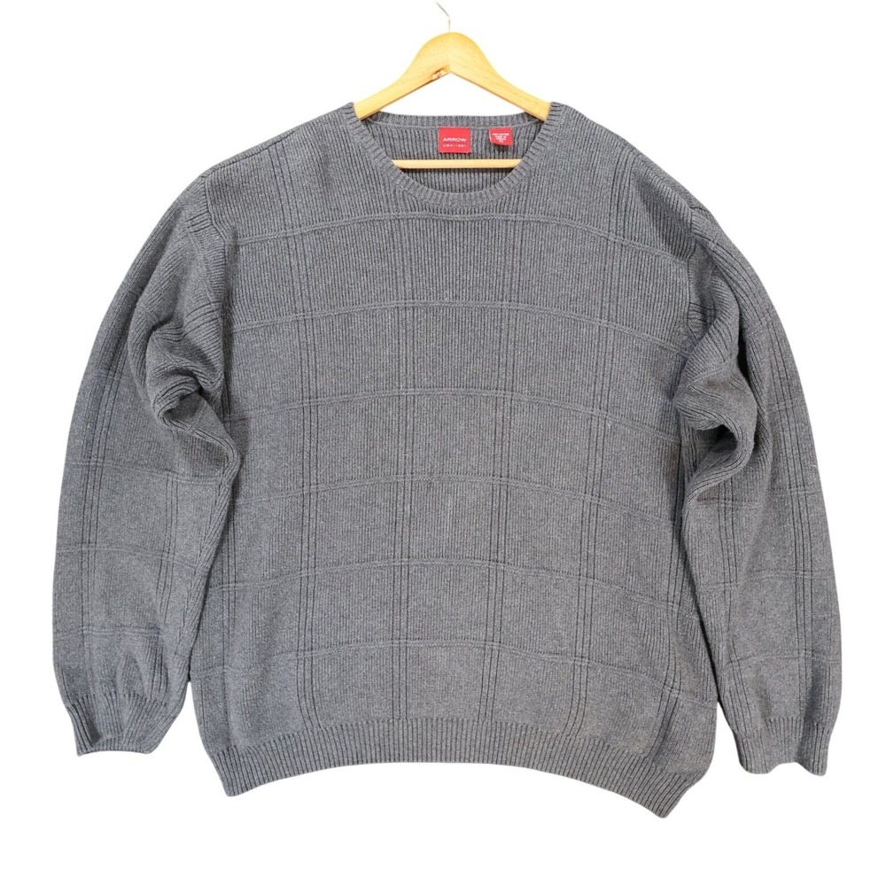 Arrow Sweater Mens XL Gray Excellent Textured Knit Pullover Cotton Grid Pattern